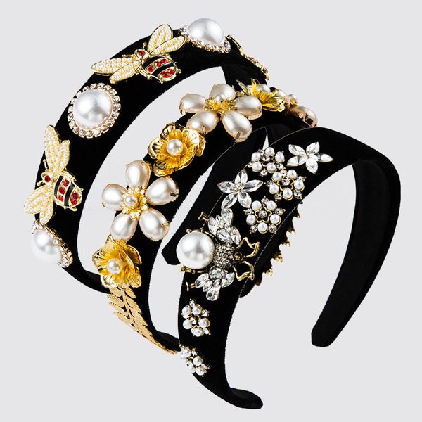 

dvacaman baroque flower simulated pearl headband women gold color metal bee headband luxury wedding headpiece hair accessories, Golden;white