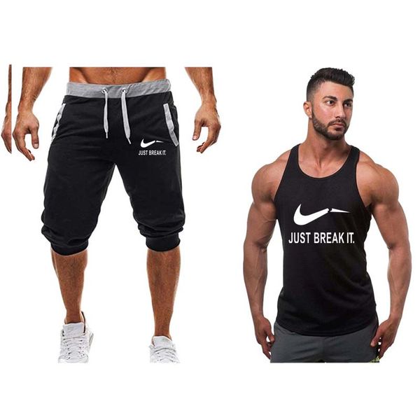 

Sportsuits Set Men Brand Fitness Suits Summer 2pc Top Short Set Mens Stand Collar Fashion 2 Pieces Tank Top Shorts Tracksuit M-2XL