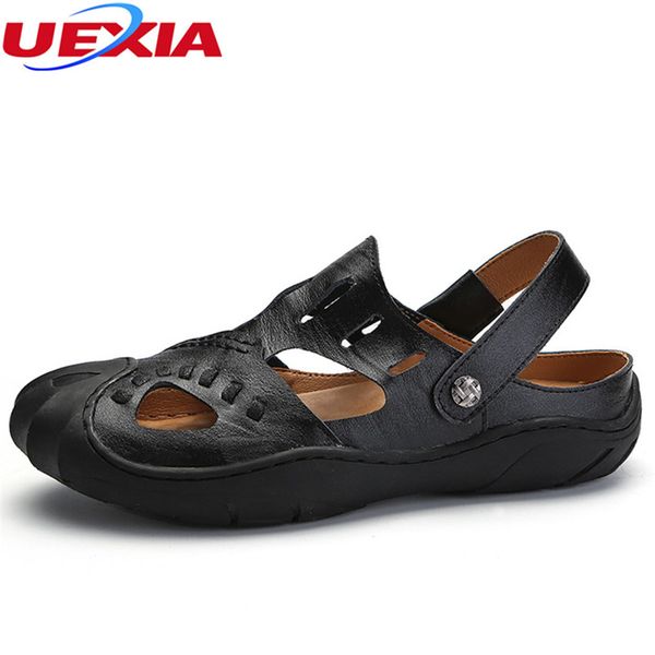 

uexia 2018 leather beach sandals male breathable toe protection comfort causal men summer flats loafer shoes men zapatos hombre, Black