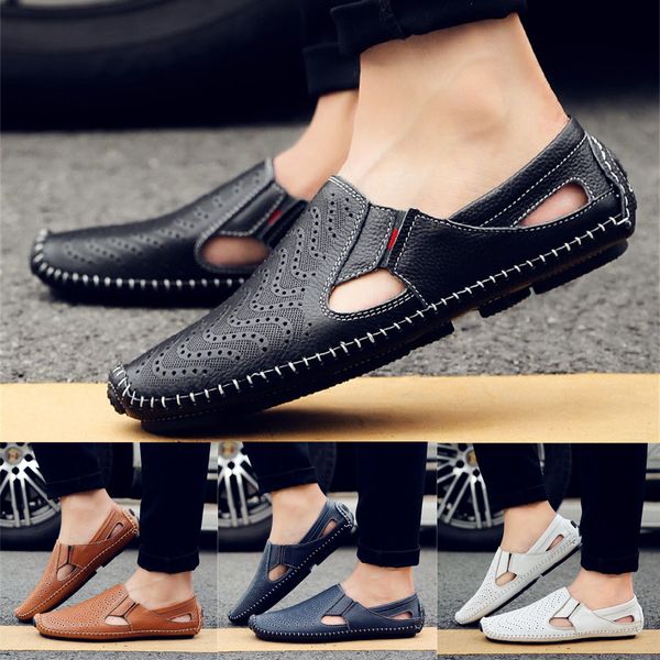 

onto-mato men summer fashion wild peas shoes driving lazy casual shoes business genuine leather slip on round toe loafers, Black