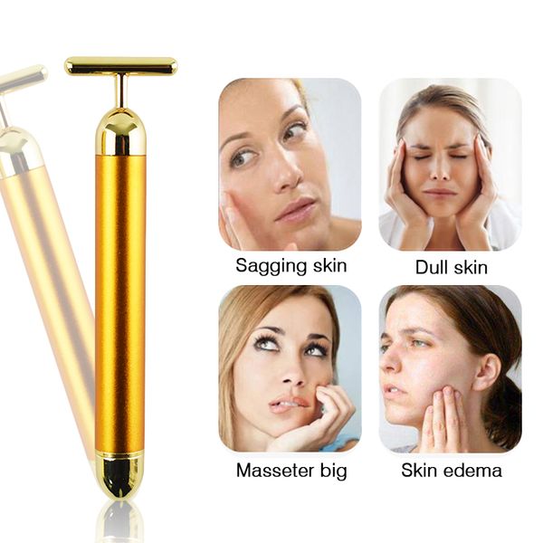 

24k gold vibration face slimming beauty bar thin v face roller massager stick lift skin tightening wrinkle skin care device