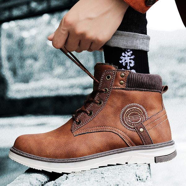 

черный теплая зима мужчины boots pu кожа ботильоны мужчины зима рабочая обувь мех снег botas размер 39-45, Black