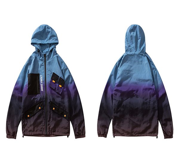 

htj men hip hop jacket windbreaker streetwear retro gradient color block jacket coat 2019 pocket zip track hoodie, Black;brown