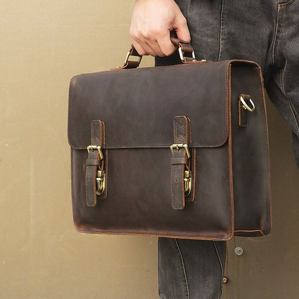 

grade male men's vintage real crazy horse leather briefcase messenger shoulder portfolio lapbag case office handbag