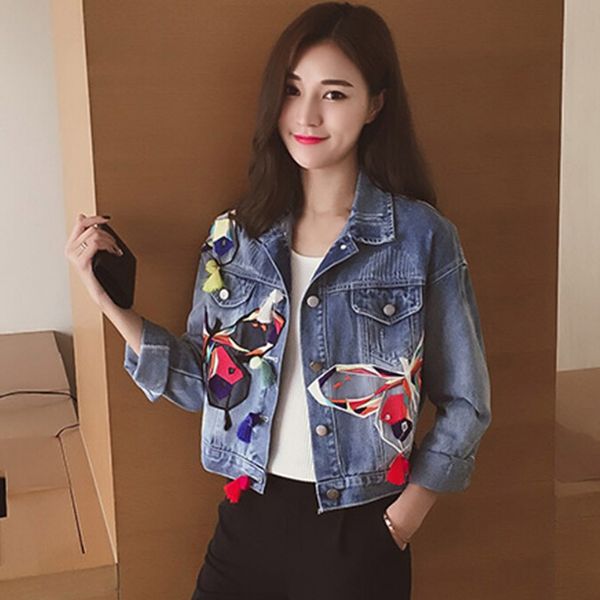 

ladies jean coat colorful butterfly embroidery jackets patch designs women denim coats with tassel short chaquetas mujer, Black;brown