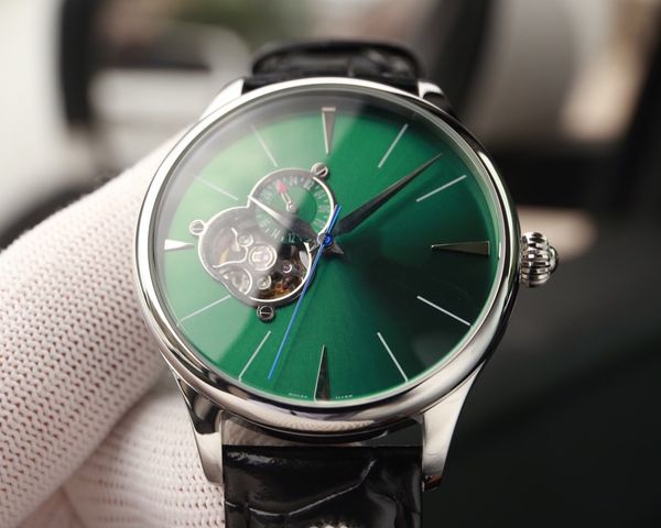 

mens automatic watch 42*12mm leather strap automatic mechanical movement green dial fashion sport watch fashion, Slivery;brown