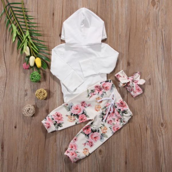 

3pcs newborn kids baby girls sweatshirt hoodies+pants headband floral outfit set, White