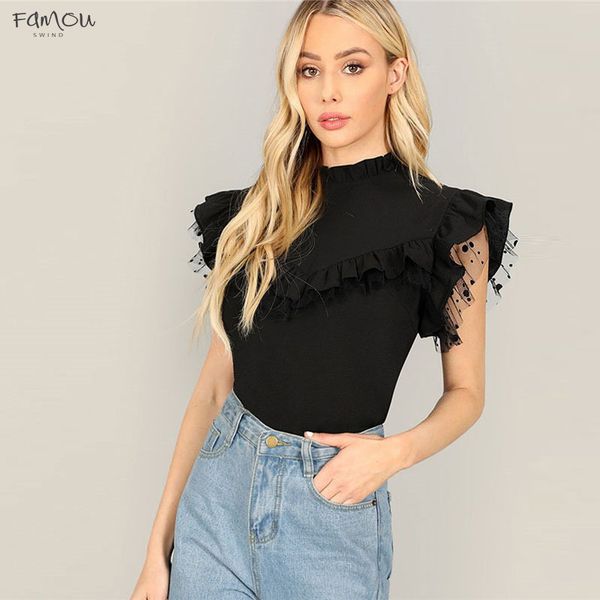 

Dot Mesh Ruffle Insert Solid Flutter Sleeve Lace Office Lady Summer Elegant Top Women Stand Collar Workwear Blouses