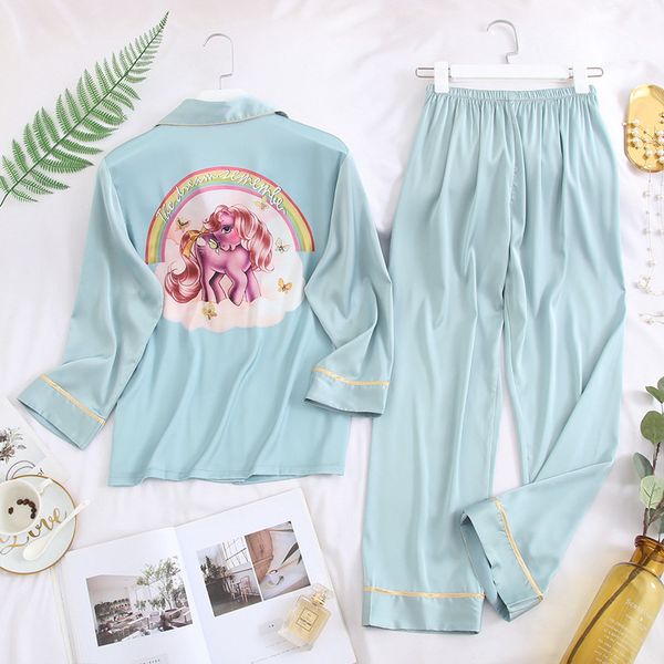 

spring women's sleepwear ice silk long-sleeved pants cartoon printing pajamas loungewear 2 piece women wear home clothes, Black;red