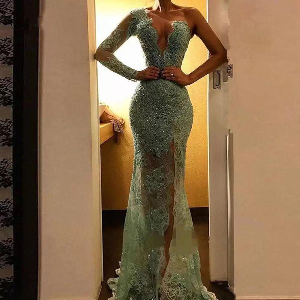 

Sexy Illusion Lace Mermaid Prom Dresses Mint Sparkly Sequined Beaded Long Prom Gowns High Side Split One Shoulder Party Dresses