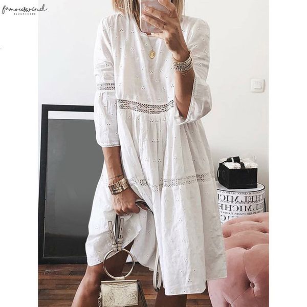 

women boho solid crew neck dresses hollow out splice 3 4 sleeve mid long dresses summer beach dress plus size dress, Black;gray