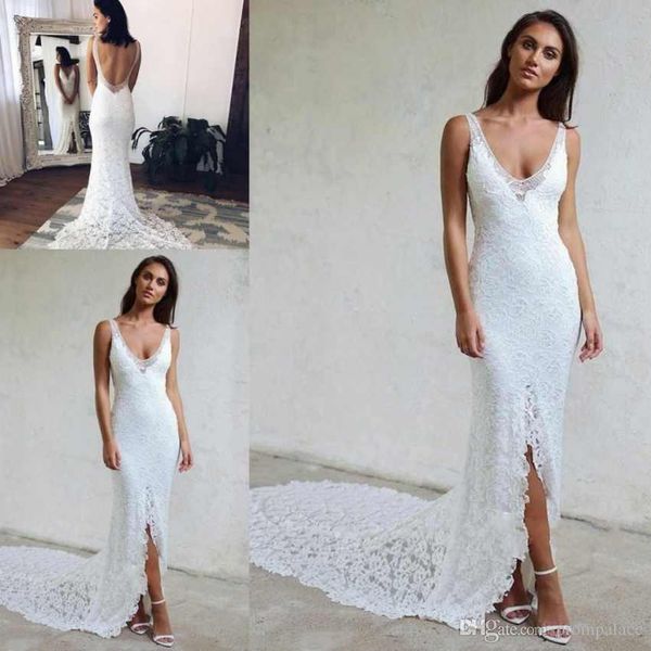 

Sexy Lace Wedding Dresses 2019 Country Style Sweep Train Deep V Neck Backless Hoho Cheap Appliques Mermaid Bridal Gowns Simple Wear