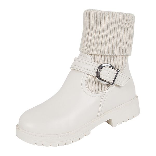 

jaycosin new fashion women slip-on short boots solid buckle decoraction square heel shoes party casual flat snow boots, Black