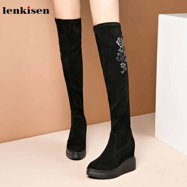 

lenkisen soft sheep suede print stretch boots thick bottom height increasing round toe warm winter women thigh high boots l20, Black