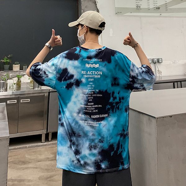 

2020 tie-dye personality loose hong kong style tshirt oversizes print college hit color korean clothes patchwork fashion top, White;black