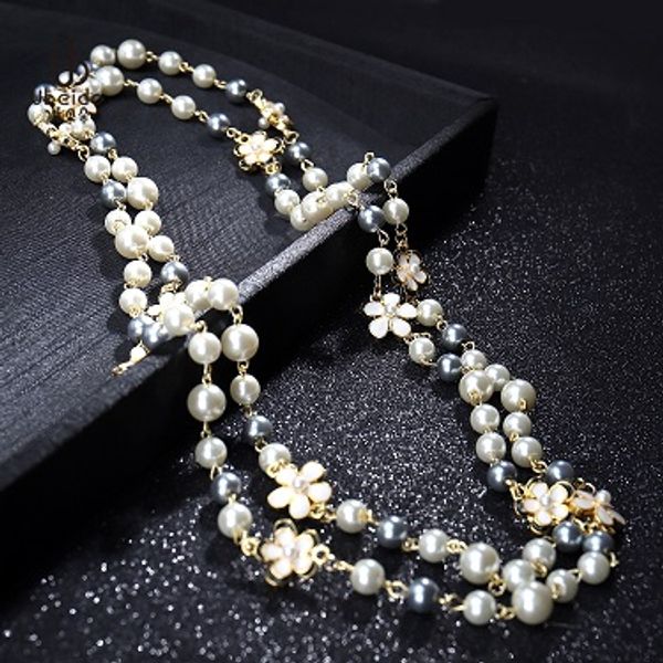 

wholesale- fashion luxury designer flowers pearl classic elegant multi layer long sweater statement necklace for woman, Black
