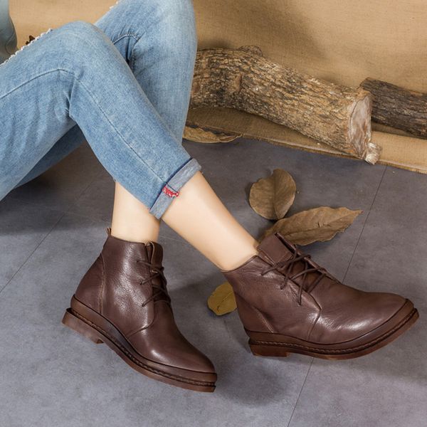 

original retro art leather women's boots autumn and winter new handmade leather boots low with single wild, Black