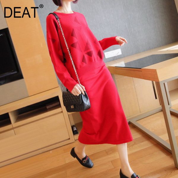 

deat] 2020 new elegant mature women's two piece set pullover geometric pattern sweater a-line split skirt aq402, White