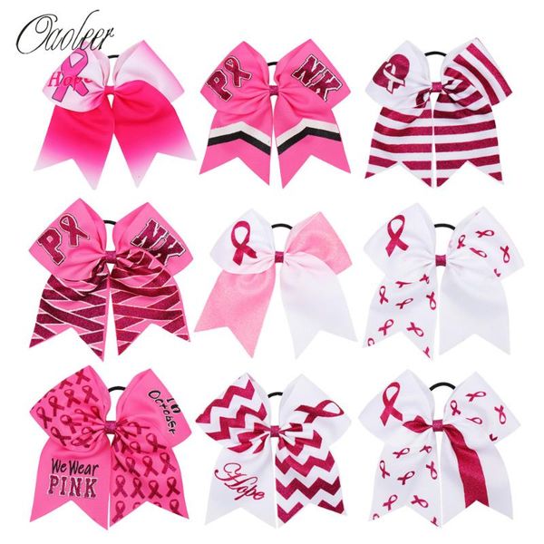 

4 pcs/lot 7 inch breast cancel awareness cheer bows for girls ribbon hair holder with elastics glitter print headdress for kids, Slivery;white