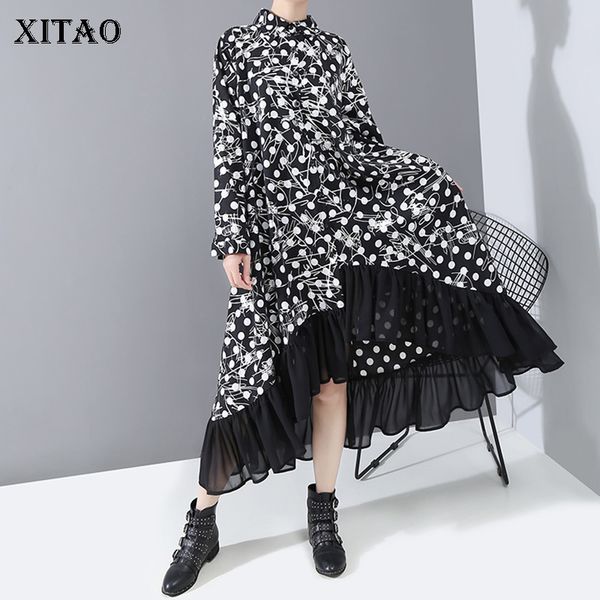 

xitao пот шифон рябить платье мода новые сыпучие нерегулярное lace лоскутная одно груди повседневный minority длинное платье dmy2379, Black;gray