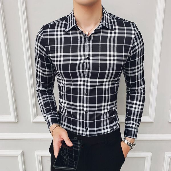 

new plaid mens shirts luxury white black long sleeve mens dress shirts camisa masculina fashion casual slim fit man