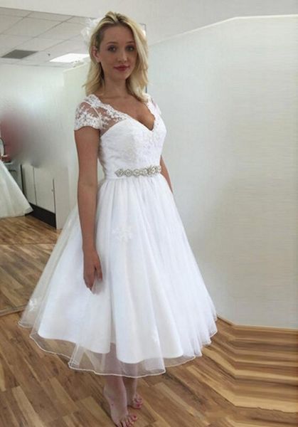 

vintage short lace wedding dresses short sleeve v neck beaded belt a line tea length bridal gowns plus size wedding dresses, White