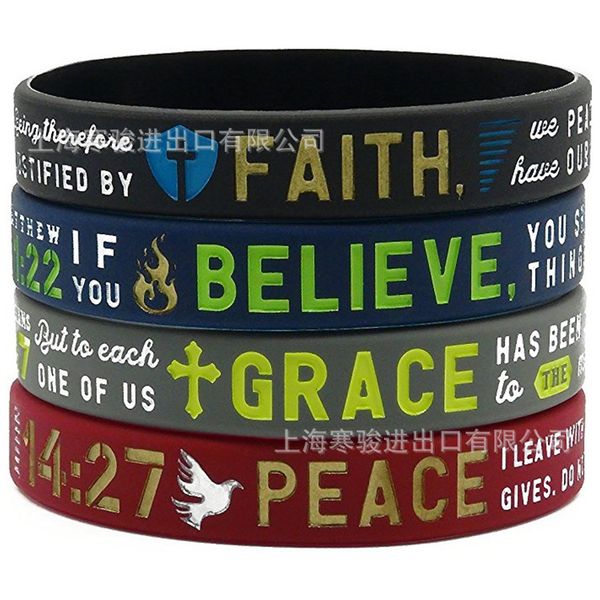 

faith believe peace grace bible religion jesus silicone sports bracelets & bangles fluorescent rubber fitness wristband bracelet, Golden;silver