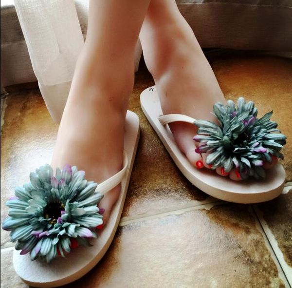 

hahaflower handmade shoes flowers casual sandals flip flops women beach slippers summer dig size, Black
