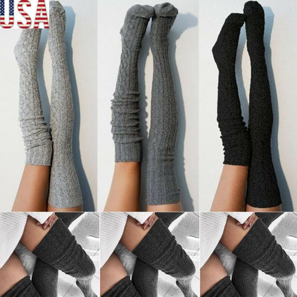 

women over knee socks fashion female stockings warm long boot knit thigh-high gray khaki blue black