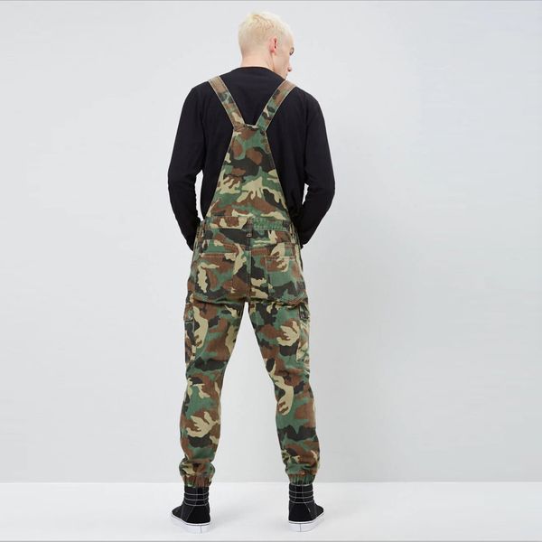 

2019 new fashion camouflage design jeans denim overalls men casual wash skinny bib overalls jeans male jumpsuit jean pant, Blue