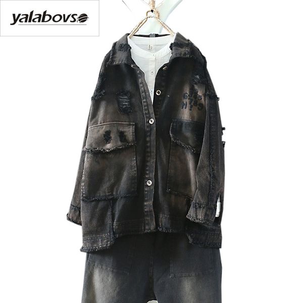 

yalabovso 2017 новые стили осени emboidery punk женщины джинсовая куртка лоскутная сыпучие отверстие vintage сыпучие пальто a74-515665 z20, Black;brown