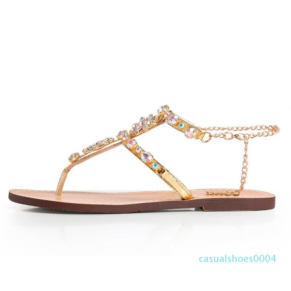 

woman chains thong gladiator flat sandals crystal chaussure plus size 46 tenis feminino, Black