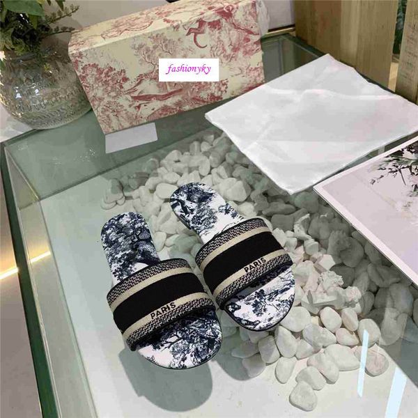 

original box dazzle flowers women sandals designer slippers embroidery sandal floral brocade slipper striped beach causal slippers, Black