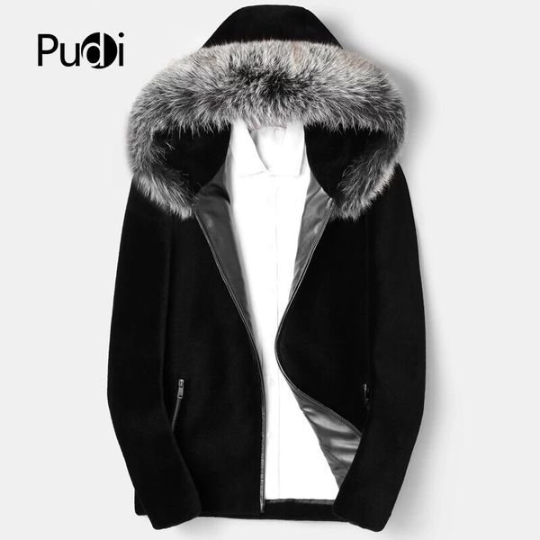 

pudi mt846 2018 men new fashion 100% wool jackets with fur collar hood fall winter casual outwear, Black;brown