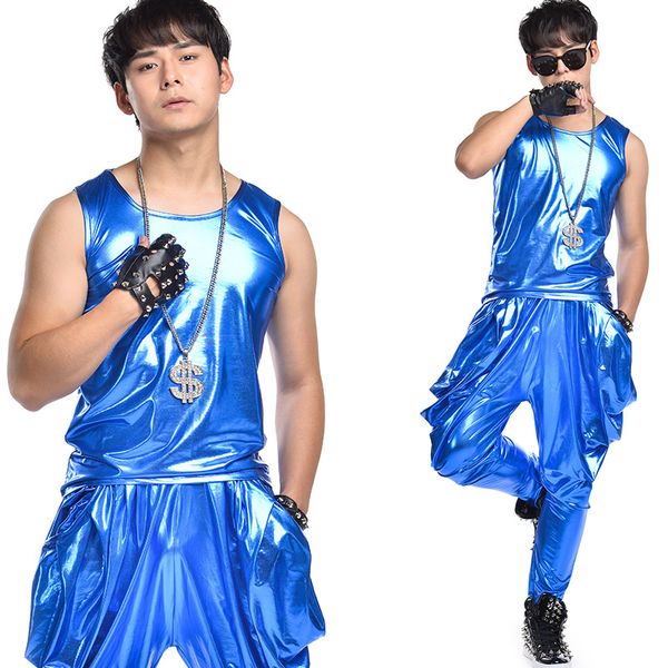 

hip hop dance costumes male blue suit set street dancing clothing ds dj costumes adults singer dancer nightclub show wear dt777, Black;red