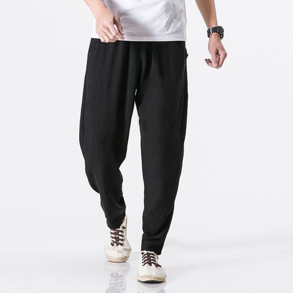 

size plus 5xl cotton linen harem pants men belt jogger pants male trousers chinese traditional cloths mens sweat, Black