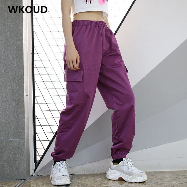 

wkoud 2019 fashion cargo pants women elastic waist streetpants joggers casual koren streetwear high waist trousers p8778, Black;white