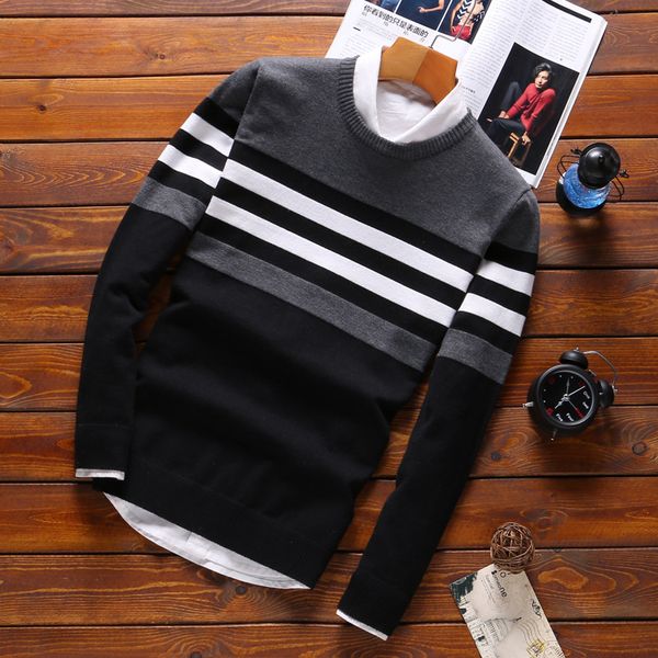 

male knitwear warm slim round collar sweaters 2019 autumn spring streetwear fashion stitching sweater men cotton casual clothing, White;black