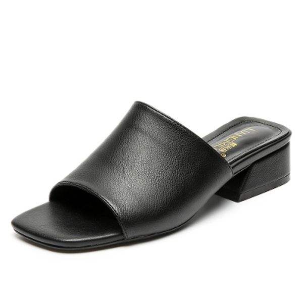 

2020 summer new wild thick heel fashion high heel net red square head slippers women's shoes, Black