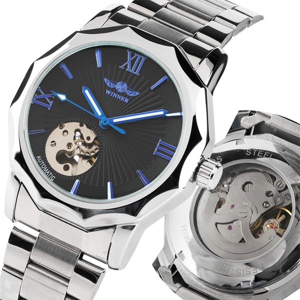 

business black dial automatic mechanical for man skeleton mechanical watch for teenagers stainless steel strap watches male, Slivery;brown