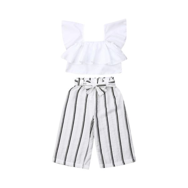 

new fashion toddler baby girls summer clothes set off the shoulder vest stripe pants kids outfits 2pcs, White