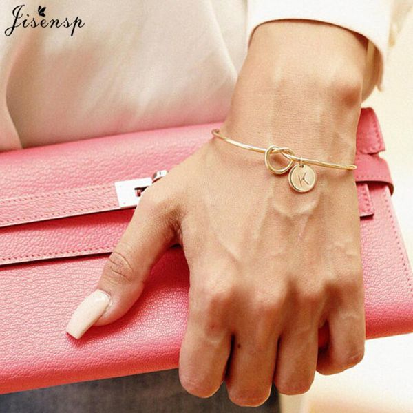 

jisensp trendy tie knotted open cuff bangle rose gold sliver coin 26 letters initial charm bracelets wire love bangles for women, Black