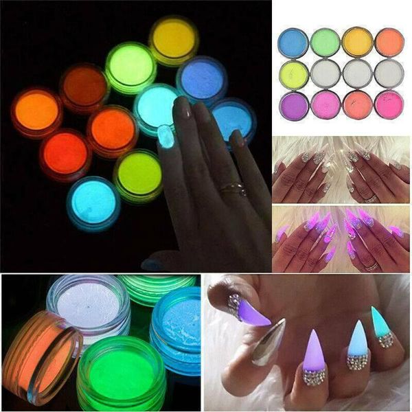 

12 colors acrylic fluorescent powder luminous nail glitter powder nail art glow pigment decoration manicure, Silver;gold