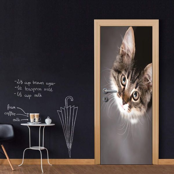 Whole Diy Door Mural Cat Look Up Door Decals Decorations For