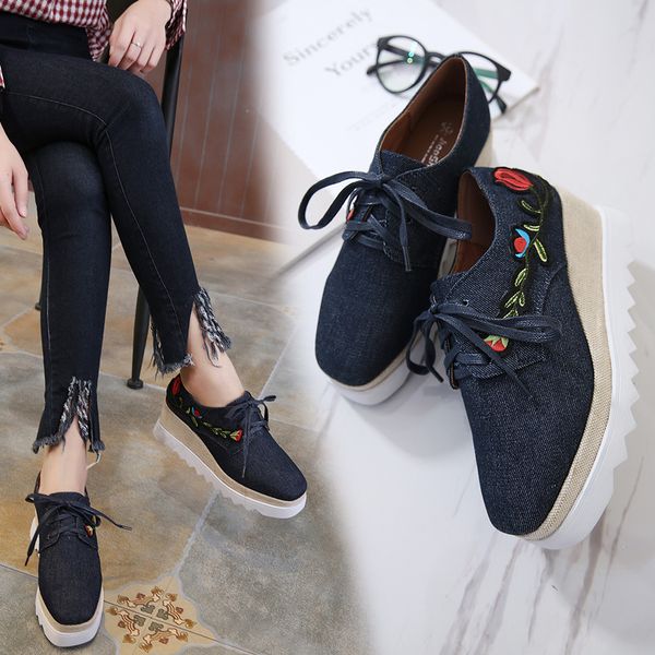 

autumn cross women's shoes all-match flats casual female sneakers square toe clogs platform fall new dress creepers lace-up pu, Black