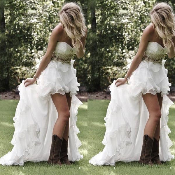 

modest high low country style wedding dresses 2020 sweetheart ruffles organza asymmetrical fitted hi-lo white bride bridal gowns