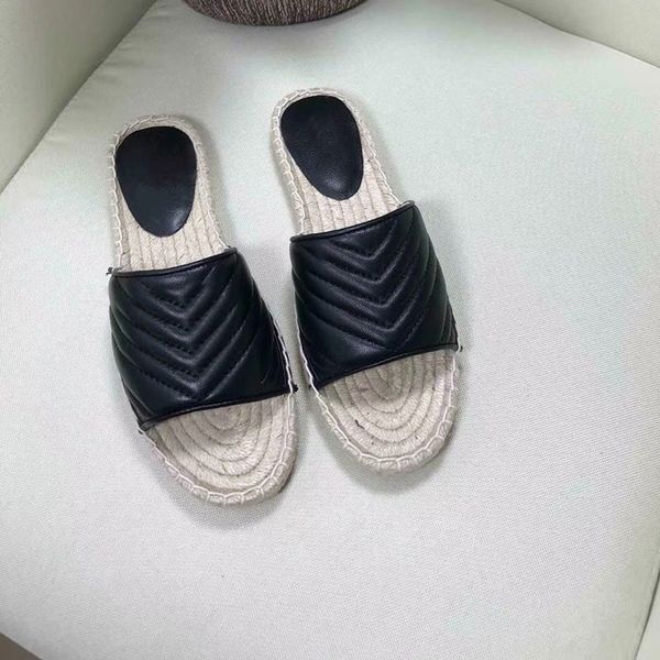 

women leather espadrille fashion slippers black non-slip sandal stripes straw two tone canvas slippers outdoor 4 colors with box us5-11
