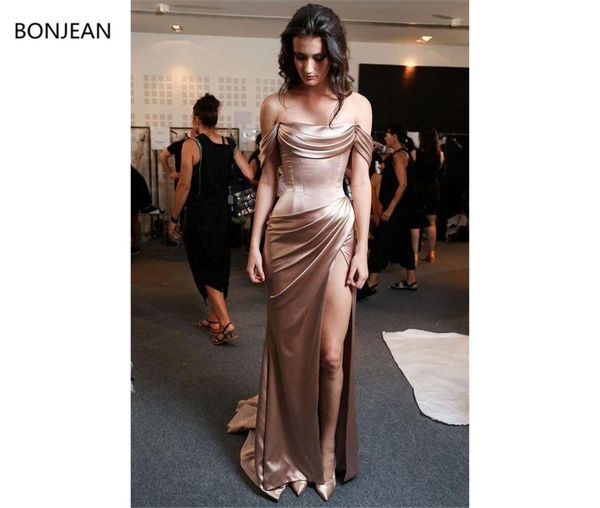 

2019 mermaid evening dresses long rose gold elastic silk like satin off shoulder neck sheath side split formal evening gown, White;black