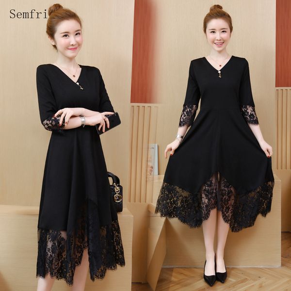 

semfri plus size woman dress 2020 summer new korean version dresses female cover belly slim lace long dress, Black;gray
