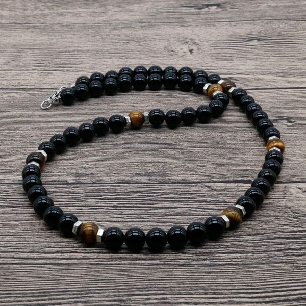 

fashion black onyx and tiger eye stone men beaded necklace natural stone necklace for men au-02, Silver